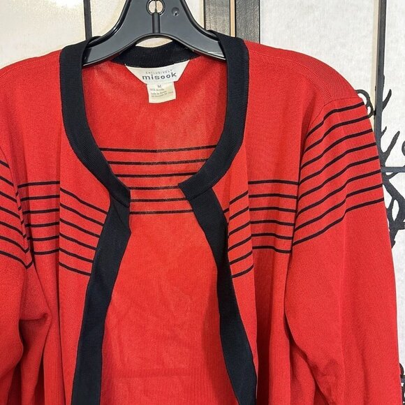 Vintage Misook womens Red black stripe open cardigan size M long sleeves - Picture 2 of 6